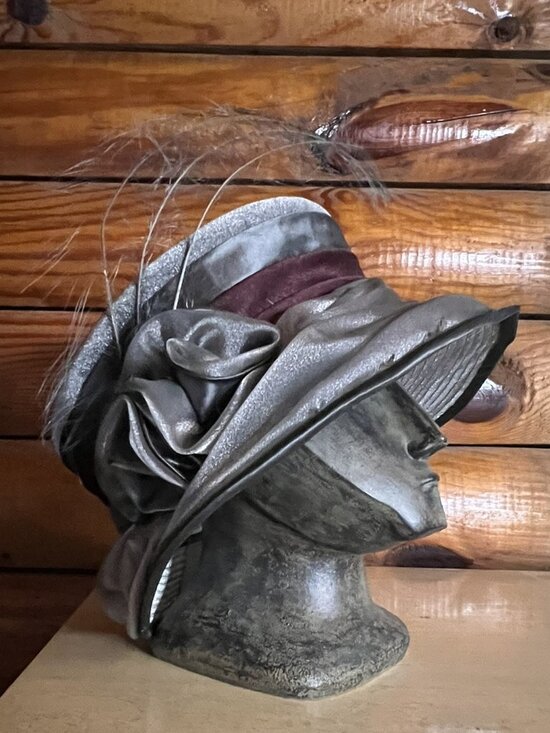 Vtg Evelyn Anne Grey Victorian Hat with Burgundy Sash, Grey Bow & Feathers Lined main image 11